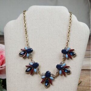 J.Crew Statement Necklace Gold Tone Blue Maroon